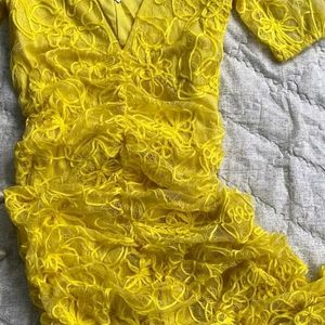 Zara Yellow Patterned Mesh Ruched Midi Dress