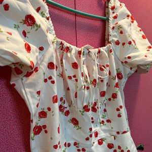 White_red Colour Flower Rose Printed Dress