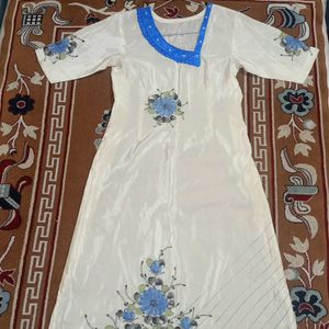 White Kurti With Blue Floral Work