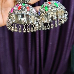 Silver Jhumka With Multi Colour Stone