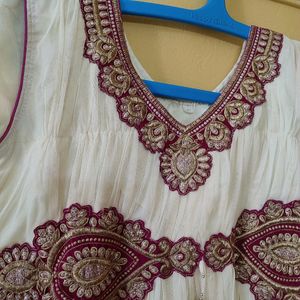 Cream Pink Net Ethnic Gown