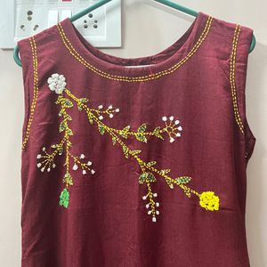 Maroon Embroidered Sleeveless Straight Summer Wear