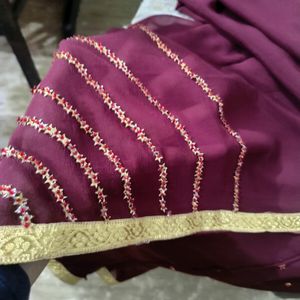 Organza Maroon Saree With Self Embroidery 🪡