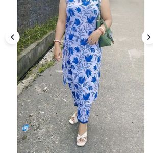 Woman New Kurta Pant Set Blue&White