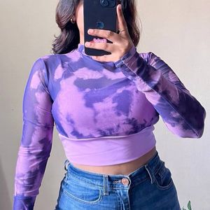 Purple Marble Print Mesh Top With Attached Inner