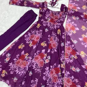 Purple Printed Anarkali Suit Set