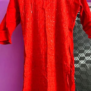 Red Chikankari Kurti With Sequence(Cotton)