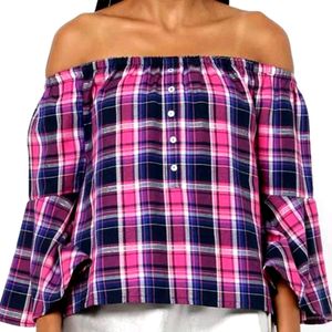 DNMX: Multicolour(pink) Checkered Off-shoulder Top