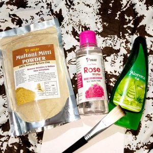 💥Multani Mitti,Rosewater,Aloevera Gel,Brush Combo