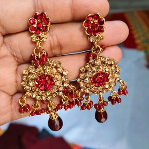 Red Maroon Stone Golden Necklace Set