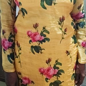 Women Kurta- Yellow Floral Print Organza Kurtha