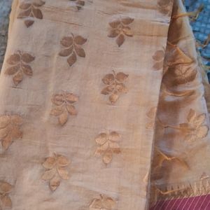 Beige Cotton Silk Saree with pink Border