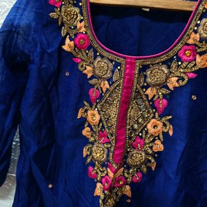 "Royal Blue & Pink Kurta Set with Golden Embroider