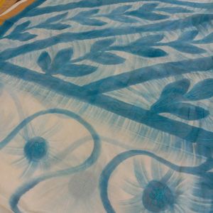 Cotton Blend White Blue Saree