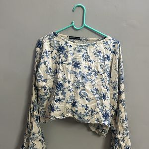 Creme And Blue Color Printed Top Worne Once