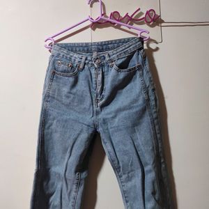 Blue Straight Leg Jeans With A Cut