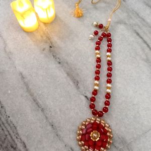 Necklace With Earrings In Red & Golden