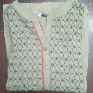 Khaki Colour Kurti Top With Embroidered Chest Work