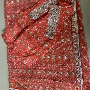 ❤🌸Beautiful Embroidered Coral Saree🎉