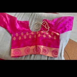 Pink, Blue Colour Saree With Pink Stitch Blouse