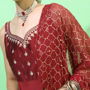 Maroon Anarkali with golden printed dupatta