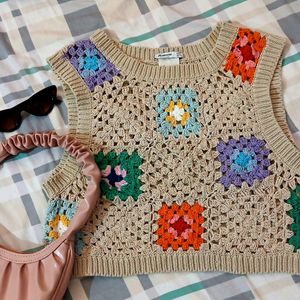 Multi Coloured Korean Crochet Crop Vest Or Top