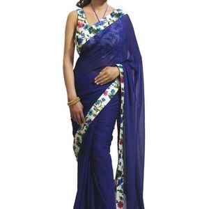 Plain Blue Saree With Blouse