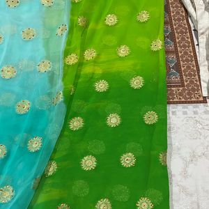 Cyan Blue And Parrot Green Colour Chiffon Saree