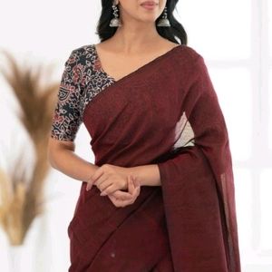 Sale🎉 Maroon Khadi Cotton Saree With Leaf Print