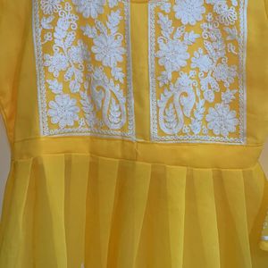 Yellow Kurti with half net and chikankari work