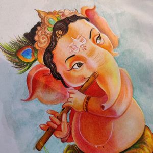 Colour Pencil Artwork Of Cute Ganesh Home Decor