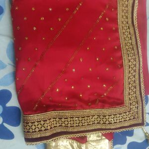 Party Wear Red Saree With Maroon Border And Latkan