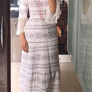 White Printed Bell Sleeves A- Line Dress