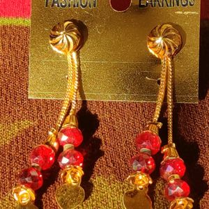 Gold and Red Dangle Earrings