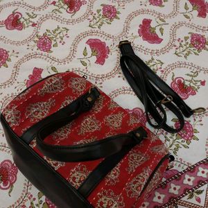 Red Printed Handbag with Sling and small pouch