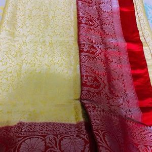 Gold And Red Saree With Stitched Blouse