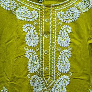 Chickenkari Work Lime Green Short Kurti XL Size