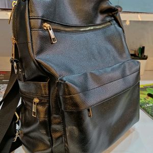 Korean Black Leather Backpack For Travelling & Clg