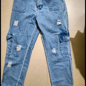 Blue Cargo Ripped Jeans For Women