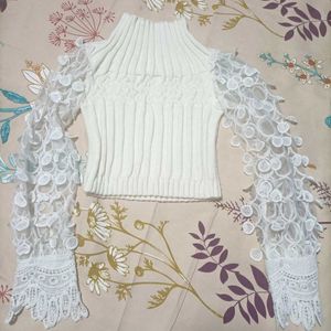 White Turtle neck lace long sleeves knit top