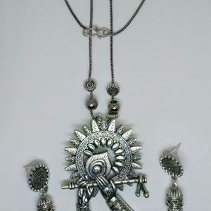 Lord krishna Flute Oxidised Necklace With Jhumki.