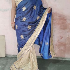 2 Color Saree. Navy Blue and Cream Saree