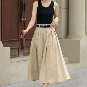 Korea Beige A Line Pleated Midi Skirt