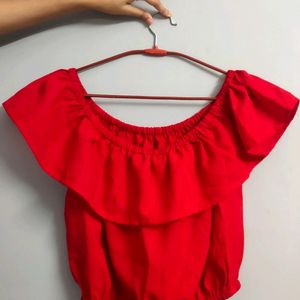 Red Solid Crop Bardot Top