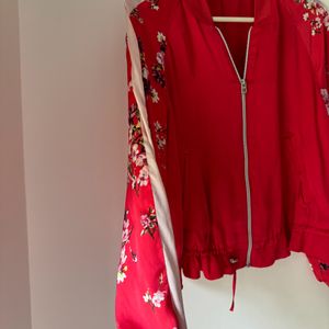 Red Bomber Jacket With Floral Sleeve Detailing