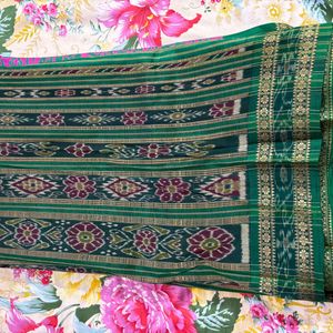 Pure Silk Khandua Ikkat With Beautiful Handblock