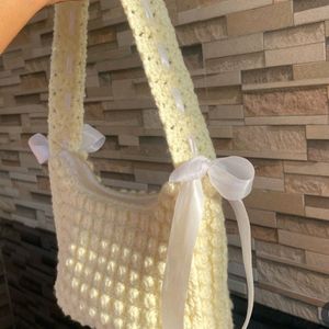 Crochet Cream Popcorn Ribbon Bag