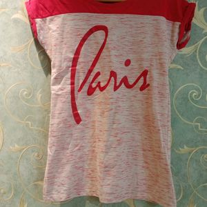 "Paris" Printed Pink & Off White T-shirt, Size - S