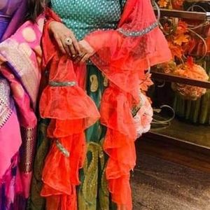 Green And Pink Blouse With Skirt (lehenga Look)