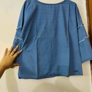 Women Cotton Denim Top With Bell Sleeves